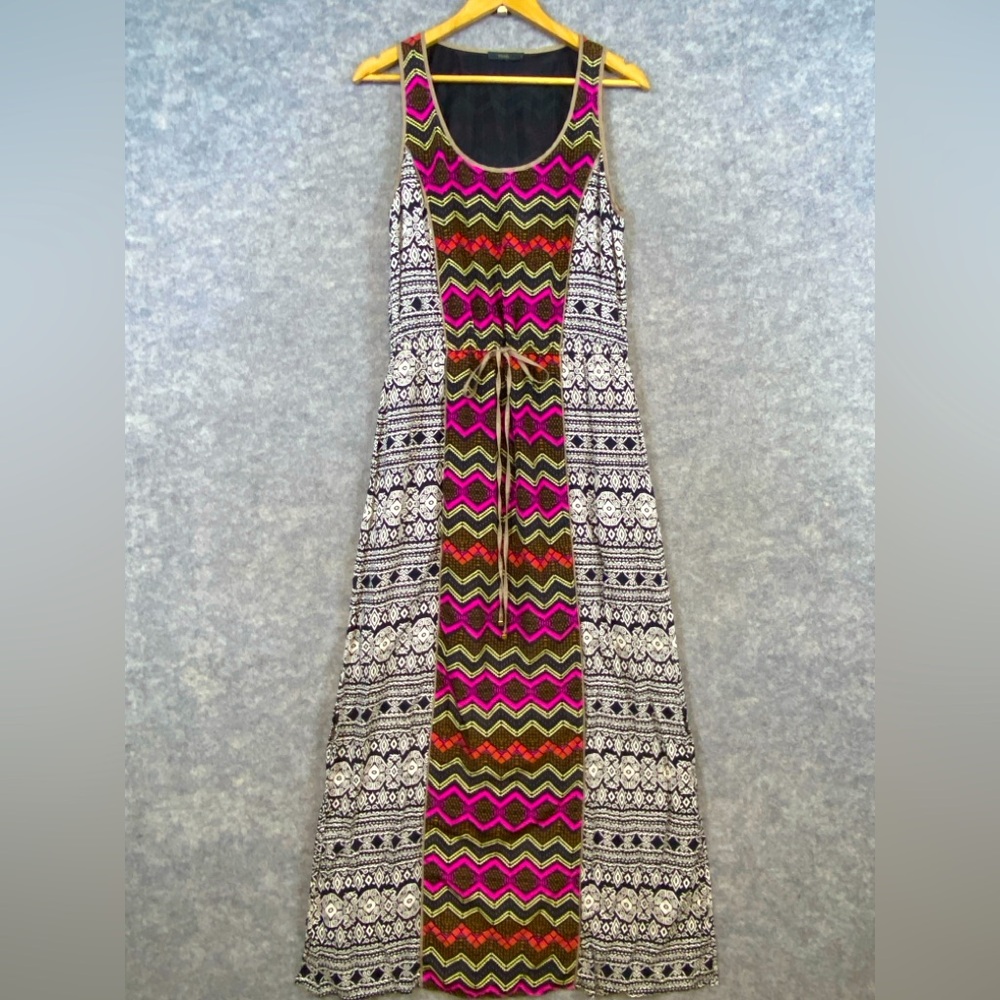 THML Maxi Dress Size L Black Pink Orange Geometric Print Sleeveless Boho Casual